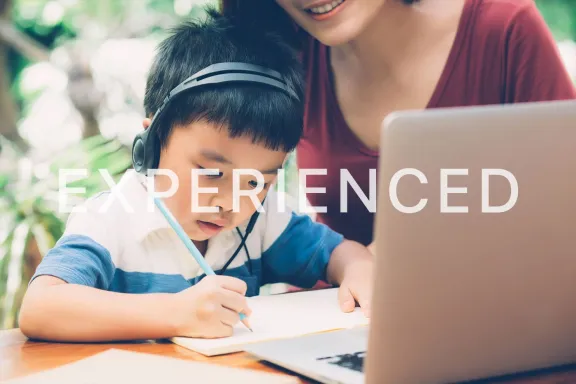 Student and parent at laptop with the word Experienced across the image